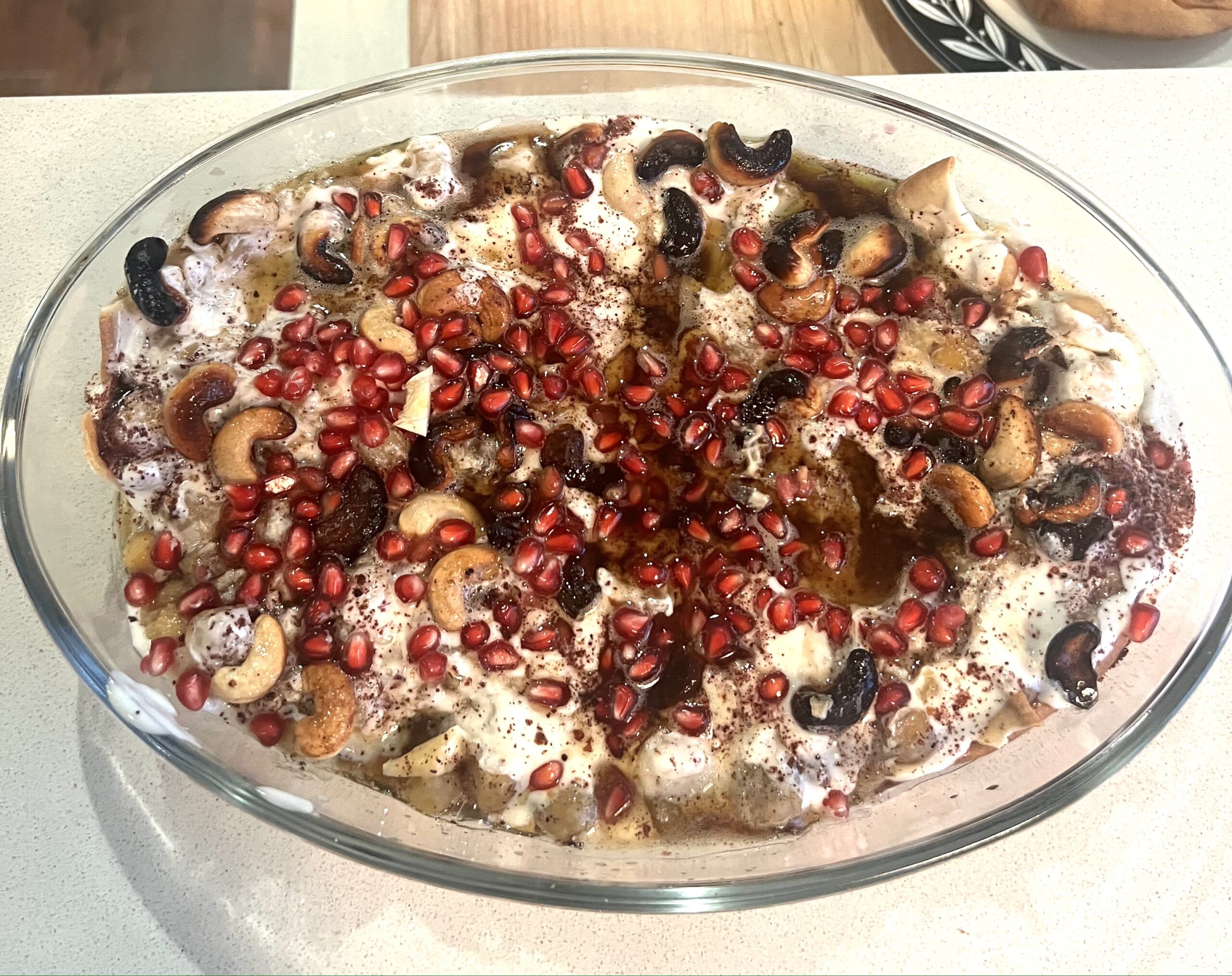 A glass bowl with some food on top of it