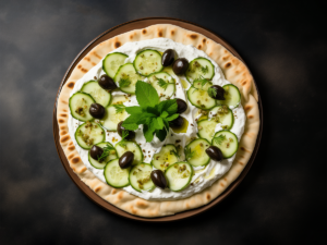 A pizza with cucumbers and olives on top of it.