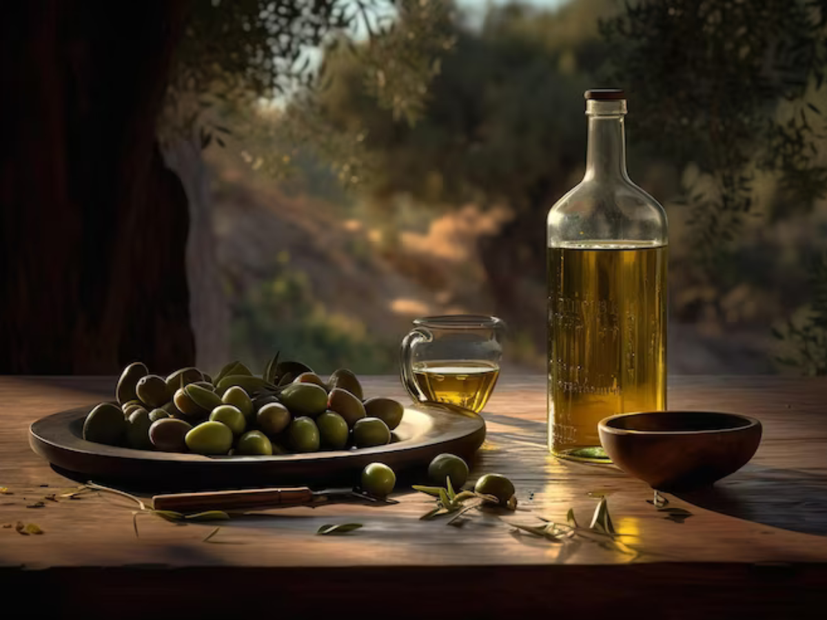 A table with olives and oil on it